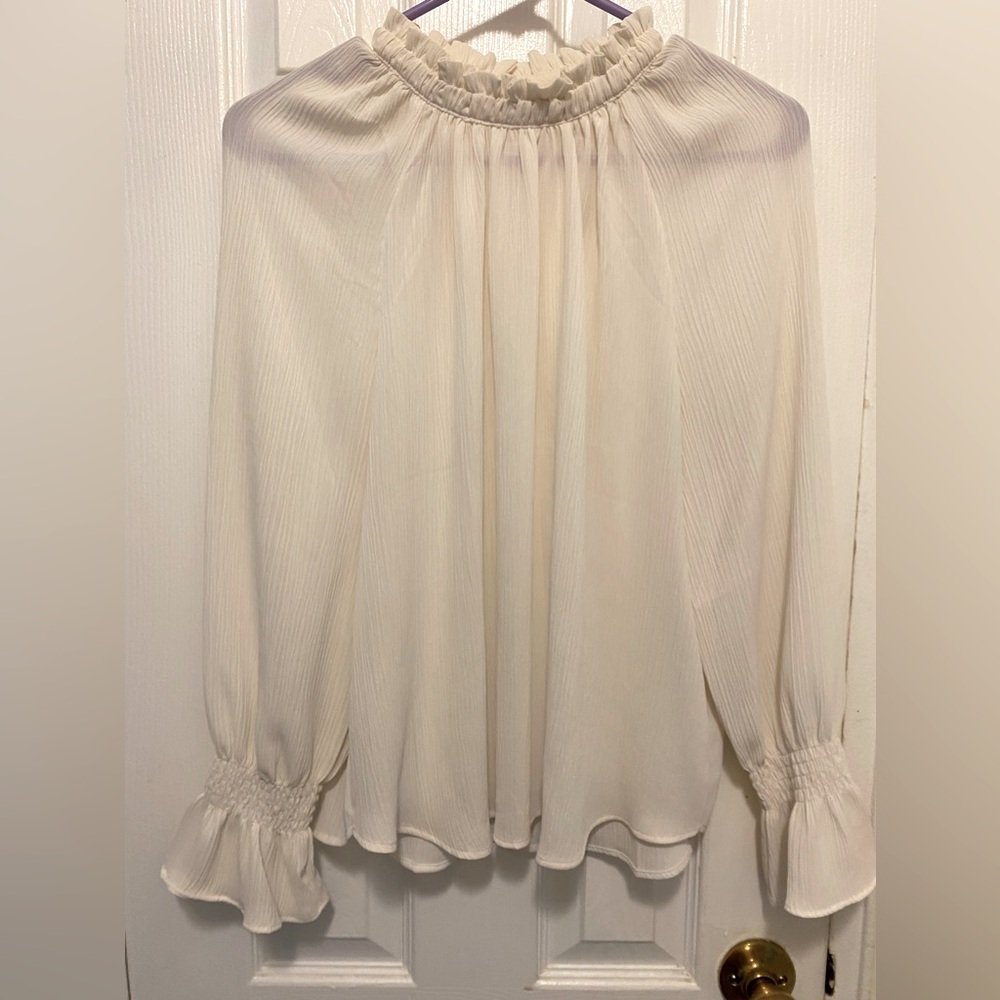 LOFT Long Sleeve Ruffled Neck Dressy Blouse Beige/Off White SIZE L